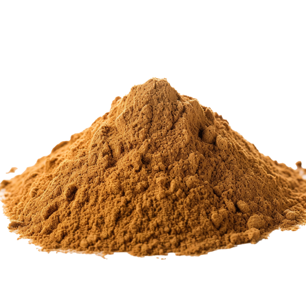 Heaped ground cinnamon on white background.